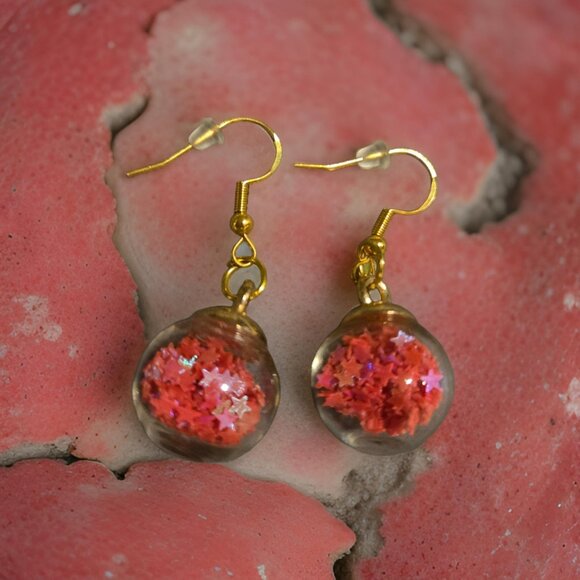 Bright Red/Orange Stars Globe Earrings - Picture 3 of 4